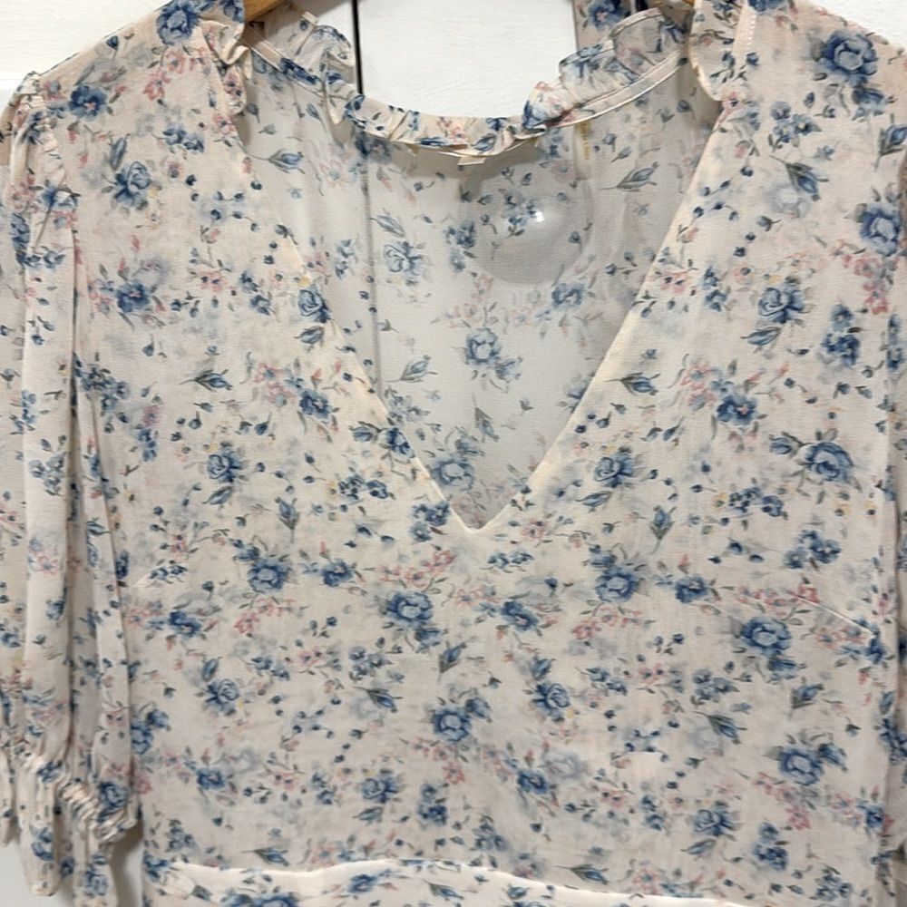 LoveShackFancy Woman’s Ivory Silk Hannah Dress Blue/Pink Floral Print. Size 8. - Picture 5 of 14